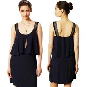 Maeve Anthropologie Tisana Mini Dress Women's 0 Navy Crochet Ruffle Neutral Boho